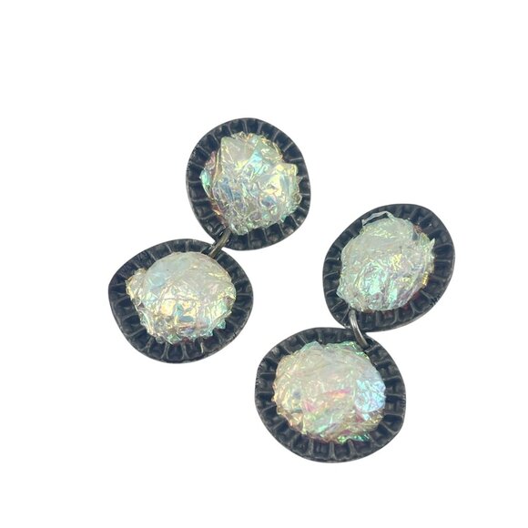 Vintage 1987 Zeny C. Iridescent Bottle Cap Drop Earrings - Picture 1 of 9